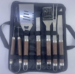 6-Piece BBQ Tool Set with Wooden Handles - Stainless Steel Grill Utensils in Oxford Bag