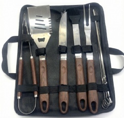 9-Piece BBQ Tool Set with Stainless Steel, Wooden Handles - Deluxe Grill Accessories