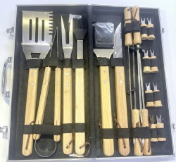 18-Piece BBQ Tool Set - 410/420 Stainless Steel Tools with Oak Wood Handles & Aluminum Case