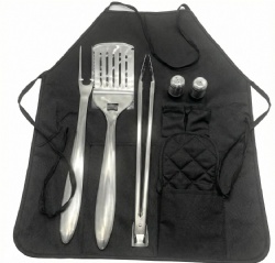 6-Piece BBQ Apron Grill Tool Set with Spatula, Fork, Tong, Salt & Pepper Shakers, Glove