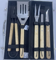 5-Piece BBQ Tool Set with 410/420 Stainless Steel and Oak Wood Handles in Aluminum Case