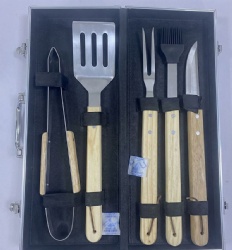 5-Piece BBQ Tool Set with Stainless Steel Tools and Oak Handles in Aluminum Case
