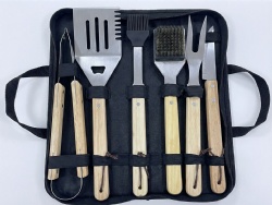 6-piece BBQ Tool Set - Stainless Steel & Oak Wood Handle Grill Accessories