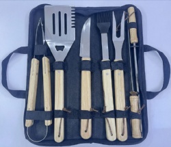 7-Piece BBQ Tool Set - Stainless Steel & Oak Wood Handle - Grill Accessories