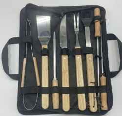 8-Piece BBQ Tool Set - 410/420 Stainless Steel Tools with Oak Handles