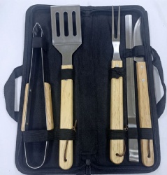 8-Piece BBQ Tool Set - 410/420 Stainless Steel Tools with Oak Wood Handles