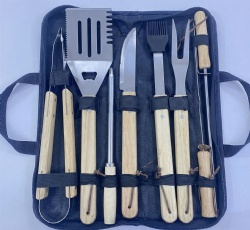 8-Piece BBQ Tools Set - 410/420 Stainless Steel Tools with Oak Handles