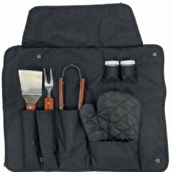 BBQ Apron 6-Piece Grill Set with Stainless Steel Tools & Wooden Handles