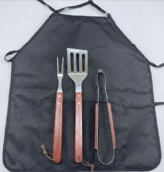 BBQ Apron Set with 3 Tools and Wooden Handle