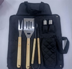 BBQ Apron Set with 6 Stainless Steel Tools & Oak Handles