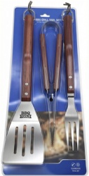 BBQ Tool Set 3-Piece - Stainless Steel Grill Utensils with Mixed Wood Handles