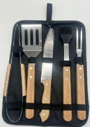 BBQ Tool Set 5 Piece with Wooden Handles - Grill Accessories Kit