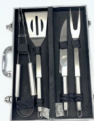BBQ Tool Set, Aluminum Case, 4-Piece Grilling Accessories