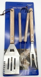 BBQ Tools Set of 3 with Oak Wood Handles - Grill Accessories