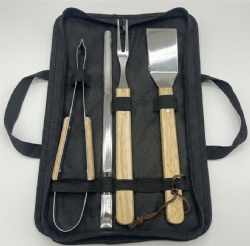 BBQ Tools Set of 7 with Oak Handles - Grill Accessories Kit